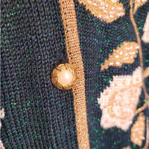 Vintage 90s Jaclyn Smith Glitter Sweater Vest Medium Green Gold Metallic Floral - Picture 4 of 11